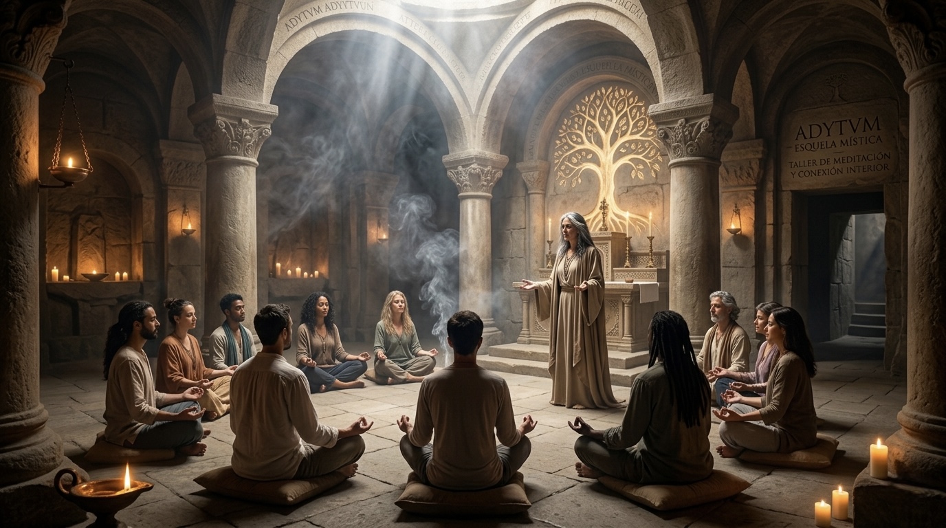 Iniciación en un adytum: templo iluminado por velas con personas en círculo de meditación